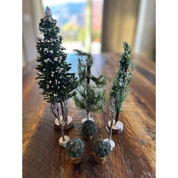 Vintage Lemax Christmas Snow Village Trees Set On Wooden Bases - Picture 4 of 16